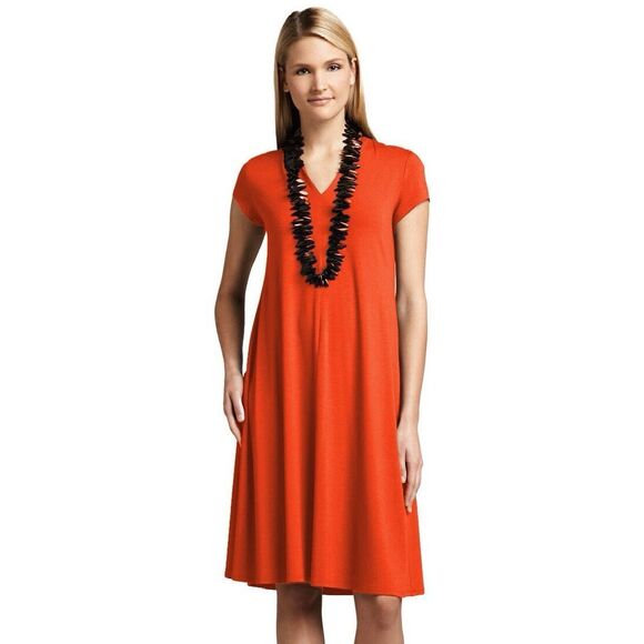 EILEEN FISHER Women’s Flame Red Sleeveless Lightweight Viscose Jersey Stretch Dr - Picture 2 of 7